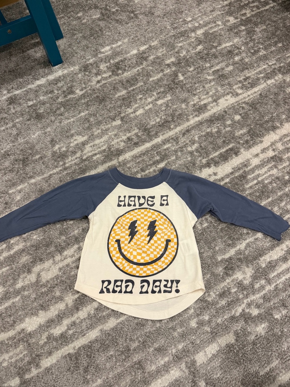 Kids Blue Raglan Long Sleeve Shirt with Yellow Smile Graphic